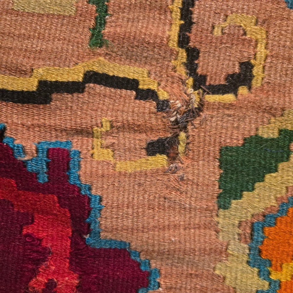 Vintage Handwoven Kilim Rug Floral Medallion Turquoise Tan Boho Flatweave Fringe - Picture 7 of 16